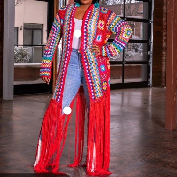 Retro Granny Square Colorful Crochet Long Fringe Cardigan - Picture 6 of 12